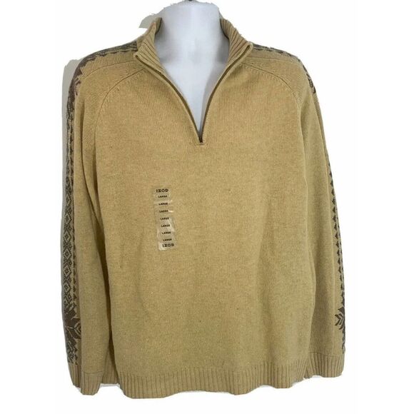 Izod Jeans Men’s Large Quarter Zip Tan Fair Isle Sweater 100% Washable Wool New - Picture 1 of 13